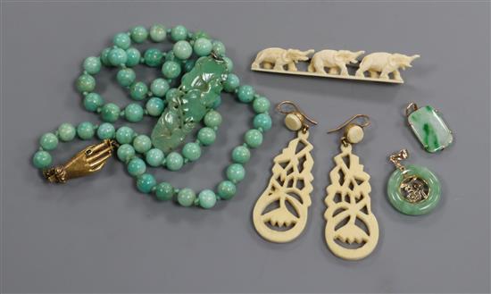 A jade bead necklace and pendant, etc